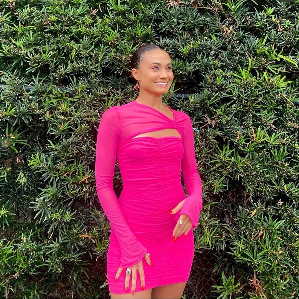 Long sleeve bright pink mesh dress